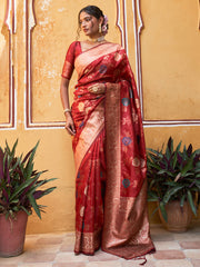 Red Banarasi Silk Floral Saree with Unstitched Blouse Piece