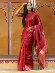 Red Kanjeevaram Silk Floral Motif Saree with Unstitched Blouse Piece