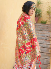 White Chanderi Silk Pashmina Saree with Unstitched Blouse Piece