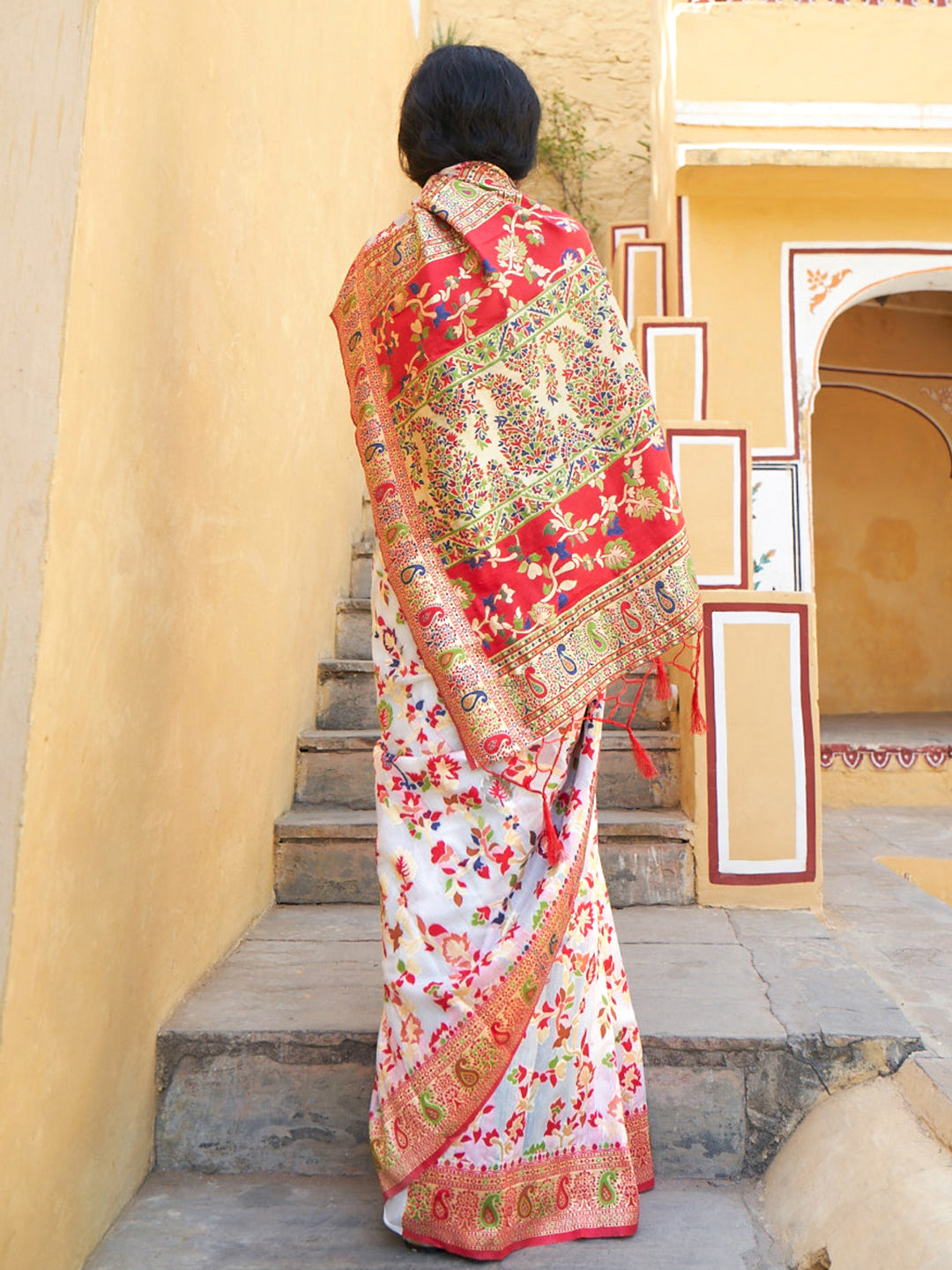 White Chanderi Silk Pashmina Saree with Unstitched Blouse Piece
