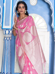 Pink Linen Cotton Woven Floral Design Saree with Unstitched Blouse Piece