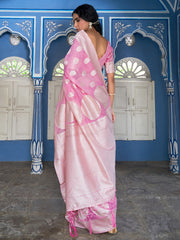 Pink Linen Cotton Woven Floral Design Saree with Unstitched Blouse Piece