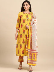 Yellow Cotton Floral Print Kurta with Pant and Dupatta Janasya-Discontinue