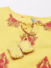 Yellow Cotton Floral Print Kurta with Pant and Dupatta Janasya-Discontinue