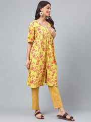 Yellow Cotton Floral Printed Kurta with Pants