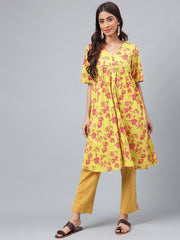 Yellow Cotton Floral Printed Kurta with Pants