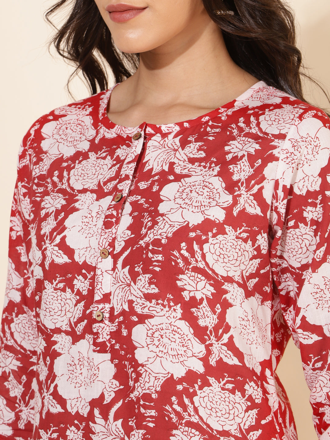 Red Cotton Cambric Floral Printed Top with Palazzo