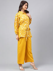 Yellow Crepe Floral Foil Printed Top with Palazzo