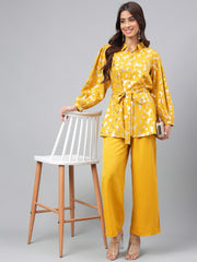 Yellow Crepe Floral Foil Printed Top with Palazzo