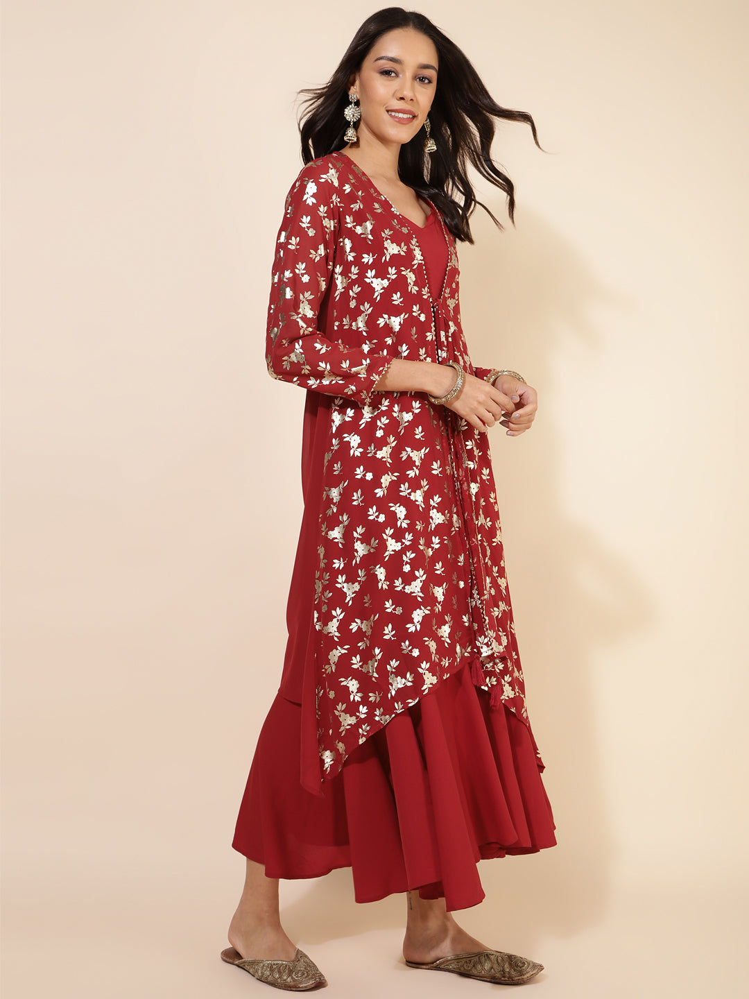 Red Georgette Foil Printed Dress with Jacket