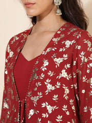 Red Georgette Foil Printed Dress with Jacket