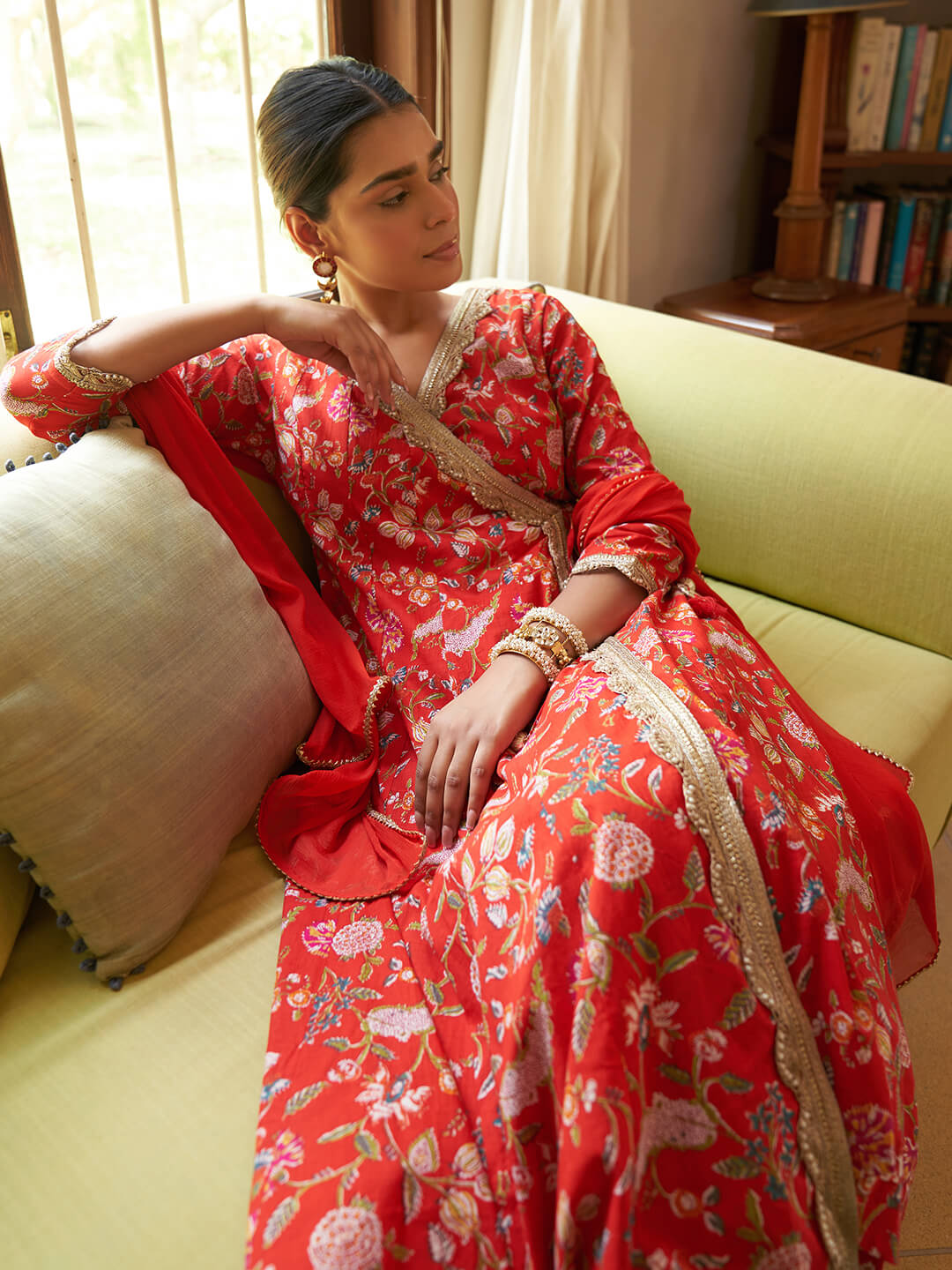 Red Cotton Floral Printed Kurta with Palazzo and Dupatta