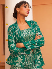 Rama Green Brocade Woven Design Top with Straight Pant and Jacket