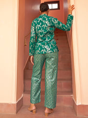 Rama Green Brocade Woven Design Top with Straight Pant and Jacket