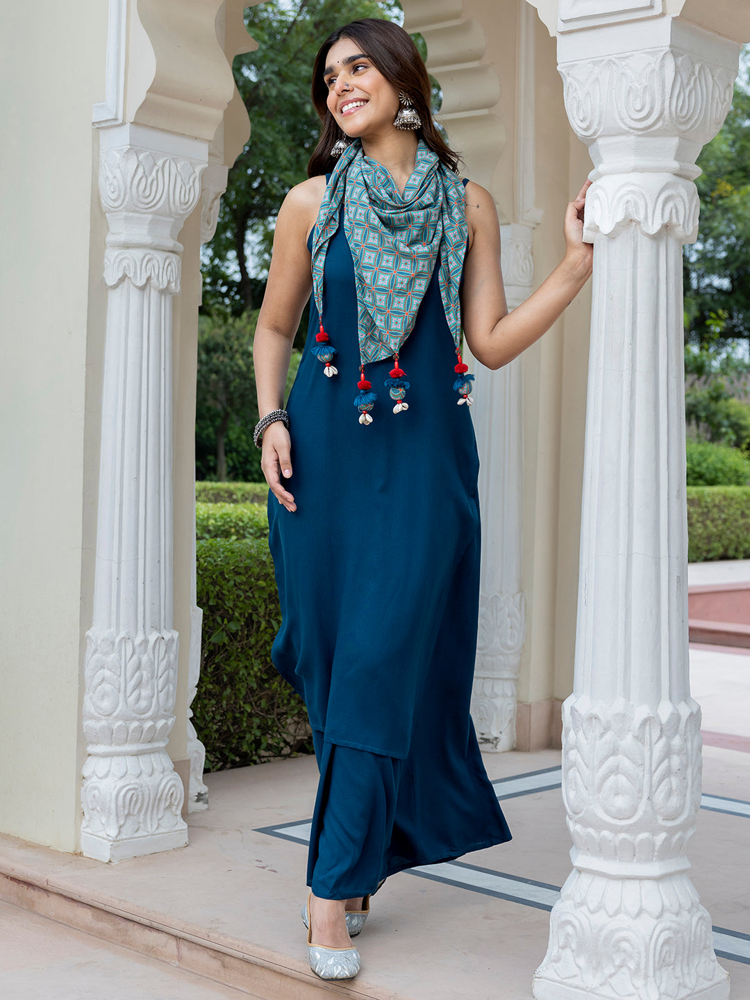 Teal Blue Rayon Solid Kurta with Palazzo and Scarf