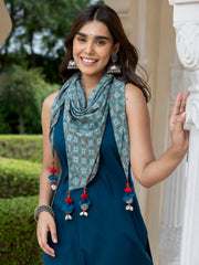 Teal Blue Rayon Solid Kurta with Palazzo and Scarf