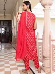 Red Brocade Woven Design Kurta with Pant and Dupatta