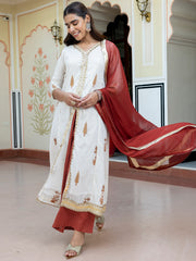White Cotton Embellished Floral Printed Kurta with Flared Palazzo and Dupatta