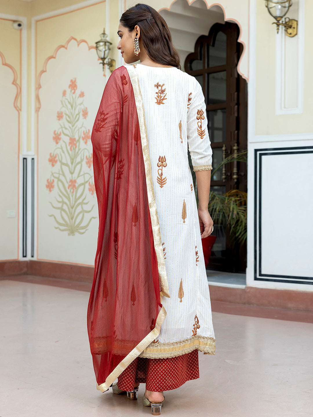 White Cotton Embellished Floral Printed Kurta with Flared Palazzo and Dupatta