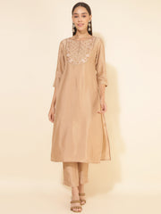 Beige Crepe Embrodiery Kurta with Pant