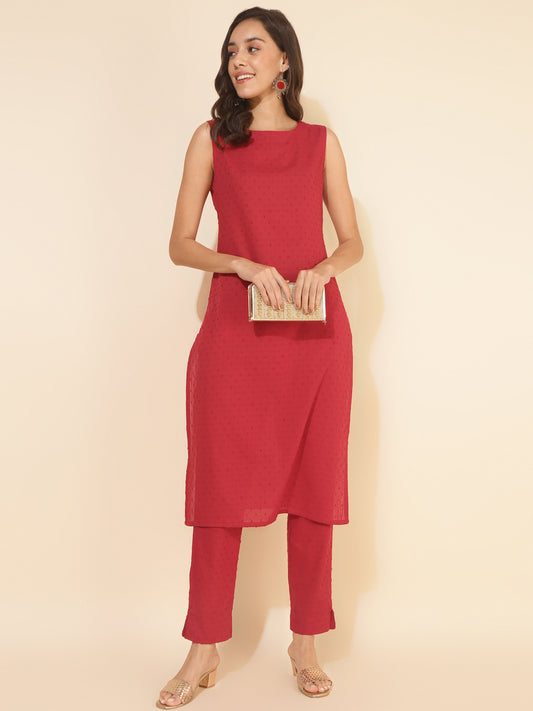 Red Cotton Dobby Solid Co-ord Set