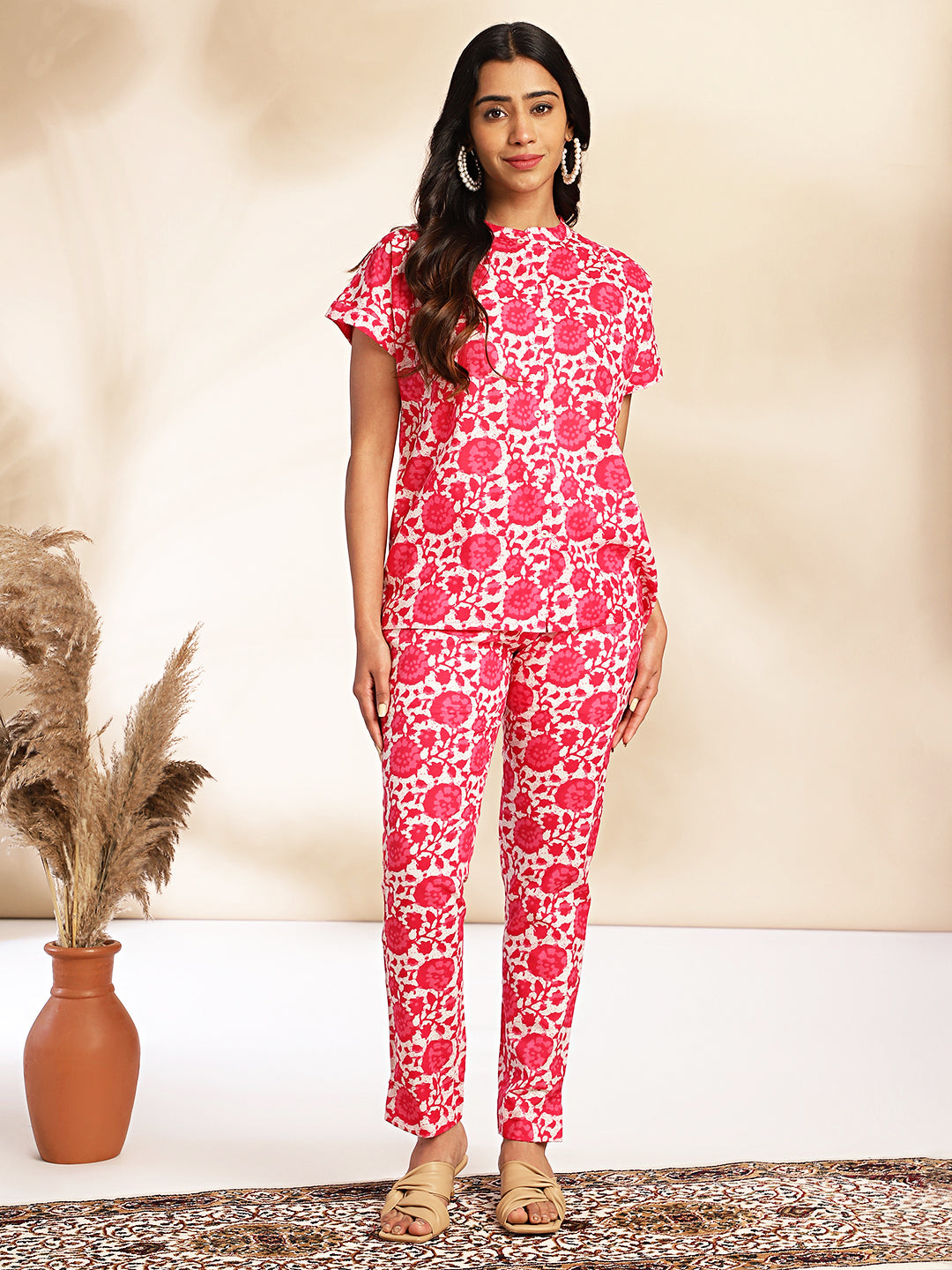 Pink and White Cotton Printed Co-Ord Set